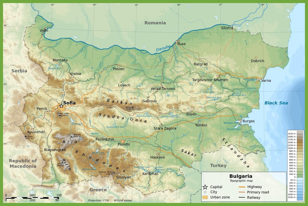 Bulgarye topografiese kaart